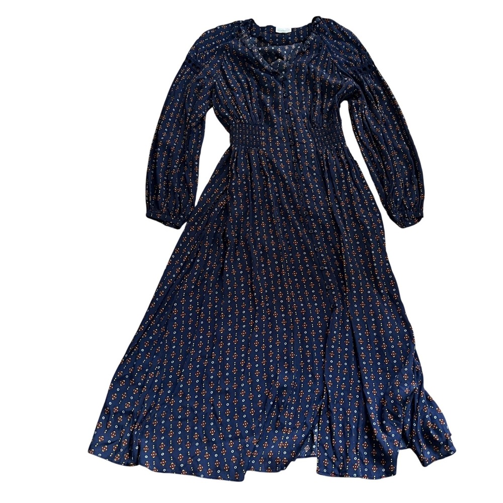 A loves A Womens Smocked Waist Maxi Dress Large Navy Blue Geometric Print Boho